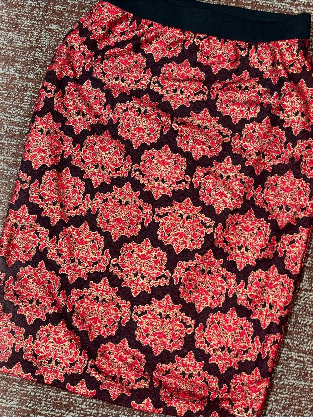Stretch brocade pencil skirt metallic damask stretch pull on red fitted skirt XS